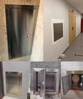 Real Thick Stainless Steel Access Panel Door With Tough Grippy Handles Straight Up Heavy Duty Drywall Inspection Cover For Electrical Systems Seamless Welded Finish Ready To Roll Anywhere in various installation views.