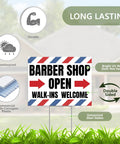 Two Pack Barber Shop Yard Signs With Stakes 17 By 13 Inches Double Sided Corrugated Plastic Outdoor Barbershop Signs For Business Outside Easy Install No Tools Needed displayed outdoors
