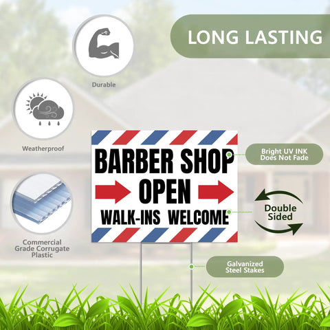 Two Pack Barber Shop Yard Signs With Stakes 17 By 13 Inches Double Sided Corrugated Plastic Outdoor Barbershop Signs For Business Outside Easy Install No Tools Needed displayed outdoors