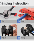 Crimping instructions using All In One Battery Cable Lug Crimping Tool Kit For 8 To One Zero AWG With 63 Copper Lugs and 25 Heat Shrink Tubes.
