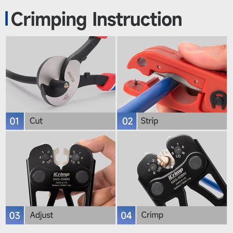 Crimping instructions using All In One Battery Cable Lug Crimping Tool Kit For 8 To One Zero AWG With 63 Copper Lugs and 25 Heat Shrink Tubes.