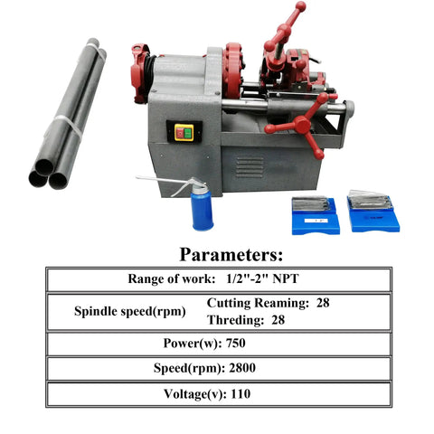 Heavy Duty Electric Pipe Threader Machine 110V Knock Out All Your 1/2 To 2 Inch NPT Pipe Threads Without Breaking A Sweat Using A Rock Solid 750W Motor next to pipes and oil can.