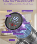 Heavy Duty Cordless Stick Vacuum LED screen displaying modes and battery percentage for easy operation.