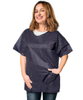 Pack Of Ten Dark Blue Disposable Scrub Shirts Unisex Adult Large Lightweight Spunbond Polypropylene Short Sleeve Top With Double Chest Pockets worn by a smiling woman.