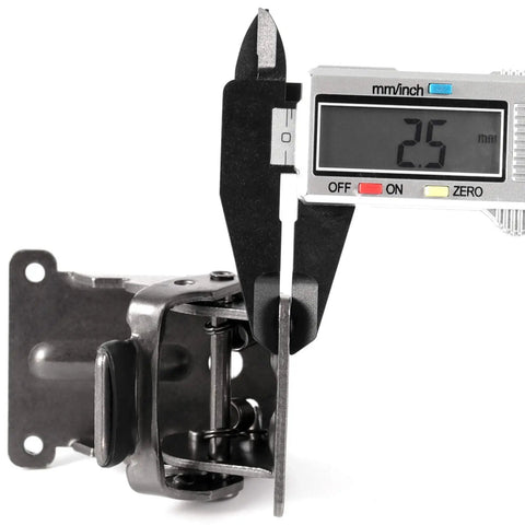 Close-up of Workhorse Heavy Duty Foldable Support Brackets 8 Pack with caliper measuring 2.5mm width, rust proof steel construction.