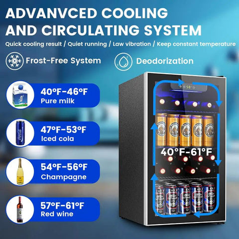 3.2 Cu Ft Beverage Refrigerator With Adjustable Temperature Control, 130 Can Capacity For Soda Beer And Wine, Energy Efficient Quiet Operation, Interior LED Light, Party Ready Home Office Mini Fridge Black with advanced cooling system.