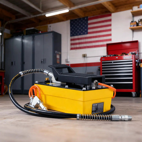 High-Pressure Air Hydraulic Pump Kit With 10,000 PSI Power, 0.6 Gal Reservoir, Foot Pedal Operation, 6.6 Ft Hose And Spray Gun, NPT Three-Eighth Inch Outlet And One-Quarter Inch Inlet, Yellow Built-To-Last Workhorse For 10-Ton Jobs, in workshop