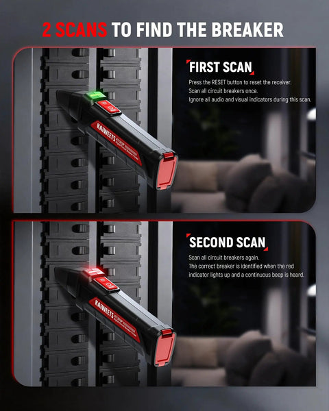 Plug And Play Circuit Breaker Finder Kit With Non Contact Voltage Tester scanning circuit breakers in an electrical panel for quick diagnostics.
