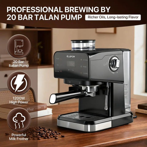 Espresso Machine With Built In Grinder 20 Bar Pump Black Coffee Maker For Authentic Italian Espresso At Home Cafe Barista Quality And Convenience With Professional Brews And Rich Crema