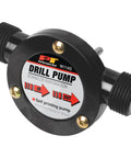 Drill Pump Liquid Transfer Kit for 1200+ RPM Drills, self-priming pump with threaded connections, black plastic material.
