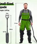 Man in green overalls holding a Narrow 15 Inch Spade Shovel Workhorse For Precise Digging And Trenching with 45 inch total length.