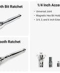 Chrome 72-tooth bit ratchet, 90-tooth ratchet, and 1/4 inch drive accessories from 1/4 Inch Drive Socket Set With Flex Head Ratchet For Small Engine Work