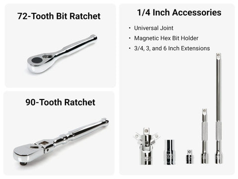 Chrome 72-tooth bit ratchet, 90-tooth ratchet, and 1/4 inch drive accessories from 1/4 Inch Drive Socket Set With Flex Head Ratchet For Small Engine Work
