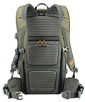 Back view of Flipside Trek BP 450 AW Camera Backpack with All Weather Cover, grey and dark green, showing straps and suspension system.
