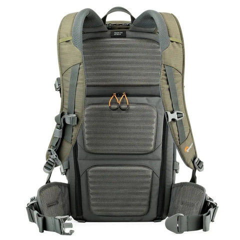 Back view of Flipside Trek BP 450 AW Camera Backpack with All Weather Cover, grey and dark green, showing straps and suspension system.