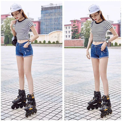 Person wearing Men Inline Skates With Light Up Four Wheels, Adjustable Roller Blades for Adults, in outdoor setting.