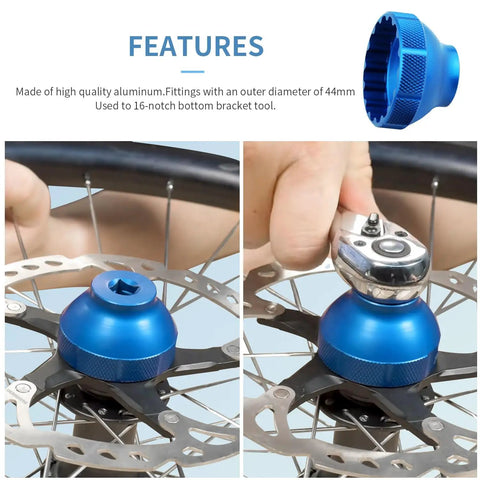 Beast 16 Notch Bottom Bracket Tool For 44mm Outer Bearing, Aluminum CNC Machined Blue in use with a ratchet on a bike