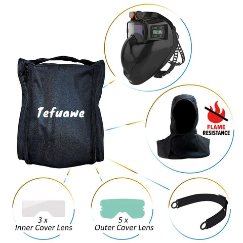 Image of auto darkening welding goggles with true color LCD lens, detachable weld helmet with neck drape, and accessories.