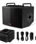 40W Portable Acoustic Guitar Amp with Rechargeable Battery Bluetooth and USB C Recording shown with accessories