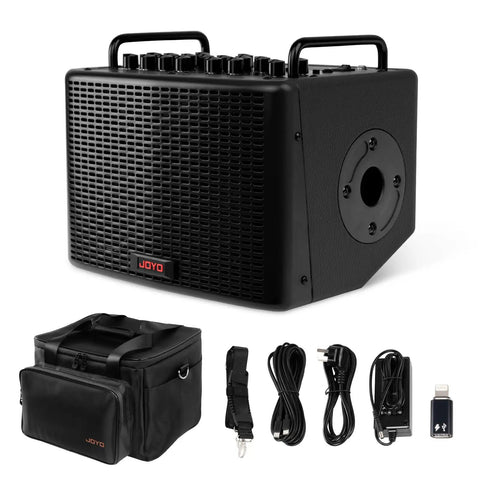 40W Portable Acoustic Guitar Amp with Rechargeable Battery Bluetooth and USB C Recording shown with accessories