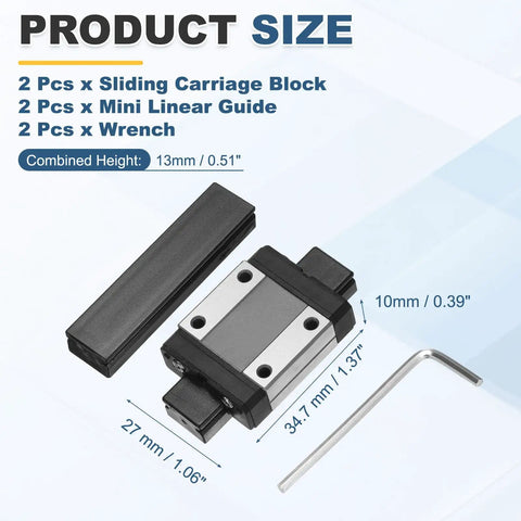 2 Pack MGN12C Linear Bearing Carriage Block With Mini Guide And Wrench For 12mm Linear Motion Rails Perfect For 3D Printers CNC Machines And DIY Motion Projects, showing carriage block, linear guide, and wrench with size measurements