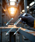 Hands holding Top Shelf White Permanent Markers Quick Dry Oil Based Ink For Metal Glass Wood Built Tough Industrial And Craft Projects Smooth Writing Long Nozzle Nailed Every Job.