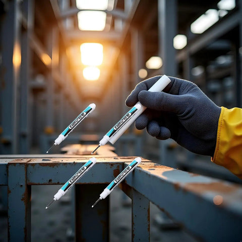 Hands holding Top Shelf White Permanent Markers Quick Dry Oil Based Ink For Metal Glass Wood Built Tough Industrial And Craft Projects Smooth Writing Long Nozzle Nailed Every Job.