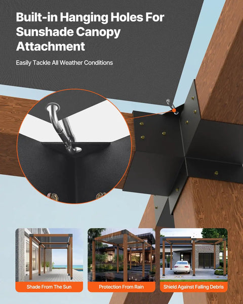 4x4 Pergola Brackets Kit For 3.5x3.5 Inch Wood Beams With 3-Way Brackets (4 Pieces) And 4-Way Brackets (2 Pieces) Plus 6 Post Bases For Outdoor Pergolas Gazebos And Sheds, Easy Install, Heavy Duty And Weather Ready