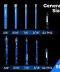 toolant 10-piece blue diamond tile drill bit set with 1/4" shank; sizes 3/8", 5/16", 1/4", 3/16" and S2 PH2