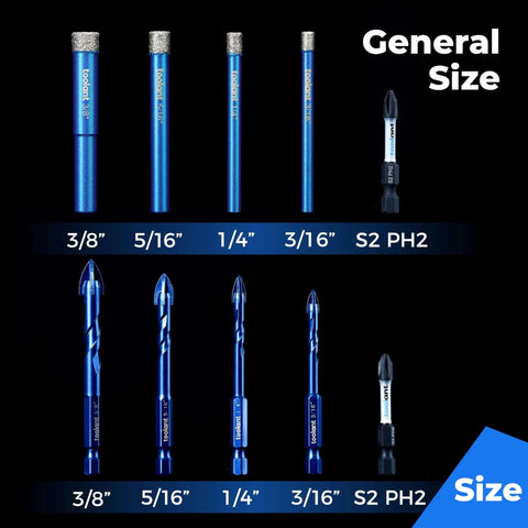 toolant 10-piece blue diamond tile drill bit set with 1/4" shank; sizes 3/8", 5/16", 1/4", 3/16" and S2 PH2