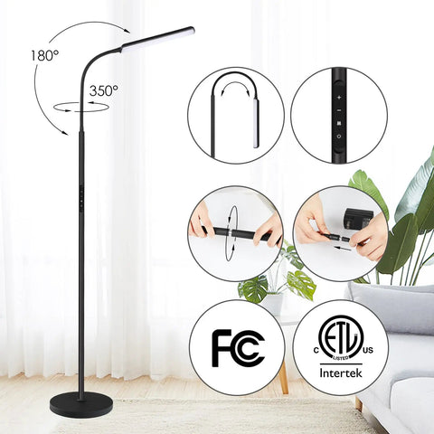 Ultra Bright 15W LED Floor Lamp With Remote And Touch Control and feature icons in living room setting