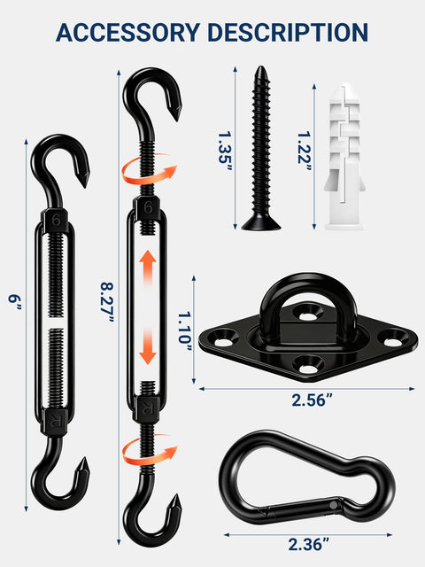 Durable 304 Stainless Steel Sun Shade Sail Hardware Kit With 6 Inch Fittings accessory components and dimensions