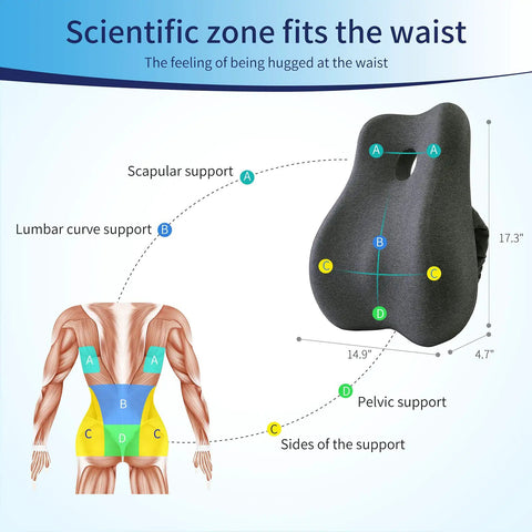 Diagram showing ergonomic lumbar support pillow with dense memory foam back rest for office chair in dark gray with labeled support zones.