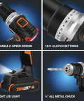 Nitro 20V Cordless Drill Driver Workhorse with Battery Included, close-ups of ratcheting chuck, LED light, and speed settings.
