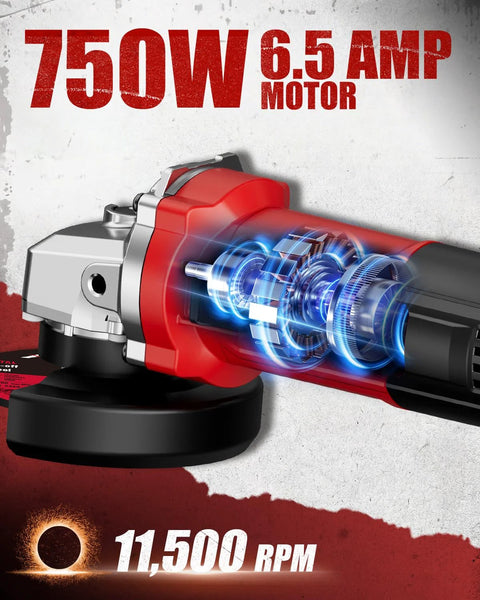 AVID POWER angle grinder side view, red housing, 4-1/2 in wheel, 750W, 11,500 RPM, includes grinding wheel