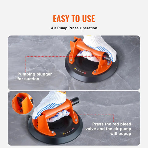 Heavy Duty Glass Vacuum Suction Cup 8 Inch Lifter with ABS Handle demonstration on gray surface.