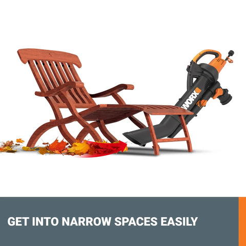 Trivac 3 In 1 Electric Leaf Blower Vacuum Mulcher For Lawn Care With 350 CFM And 210 MPH shown near patio chair with leaves