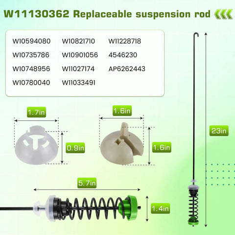 Diagram of 23-inch washer suspension rod kit replacement showing dimensions and parts