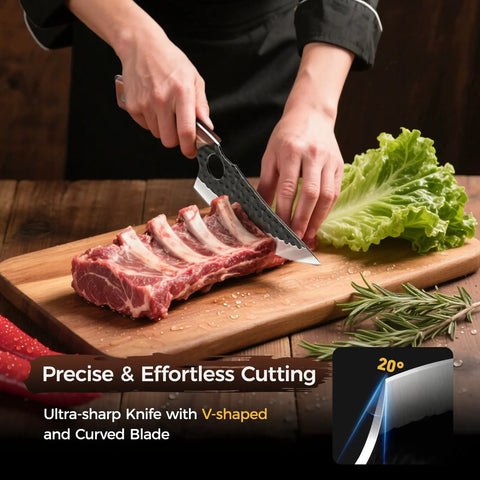 Hand Forged Japanese Chef Knife Set 3 Piece Kitchen Knife Bundle With Viking Chef Knife cutting meat on wooden board