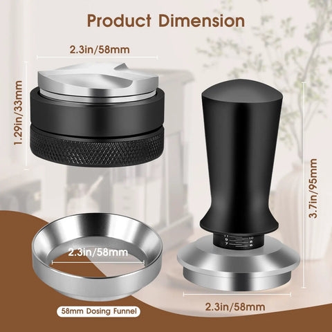 Smooth Operator 58Mm Espresso Setup Comes With Pro Grade Stainless Steel Tamper and Ground Leveler dimensions shown.