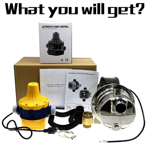 Three Quarters Horsepower Water Pressure Booster Pump With Smart Controller, package contents displayed