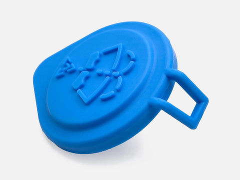BMW Mini Windshield Washer Fluid Reservoir Cap Direct Fit Replacement For 2005-2019 Models, blue plastic cap close-up