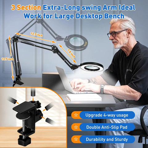 Man using Beefy Long Reach 12X Magnifying Glass With Light And Stand, Three Section Swing Arm Extends To Over 42 Inches clamp