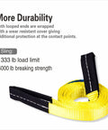 Yellow sling strap with black loop ends, 1333 lb load limit, part of Beefy 2 Ton Rope Hoist Pulley Kit With 65 Ft 0.3 In Poly Rope.