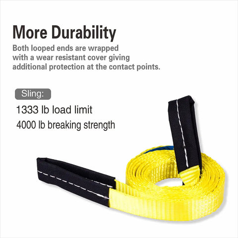 Yellow sling strap with black loop ends, 1333 lb load limit, part of Beefy 2 Ton Rope Hoist Pulley Kit With 65 Ft 0.3 In Poly Rope.