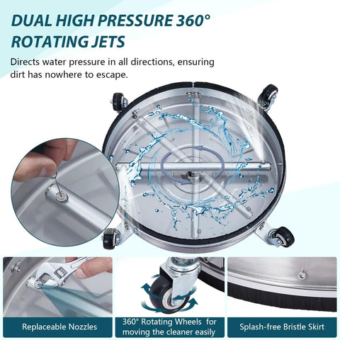 Heavy Duty Twenty Four Inch Pressure Washer Surface Cleaner For Driveways Features Pro Grade Stainless Steel Dual Spin Nozzles Rated To Handle Four Thousand Psi with dual high-pressure rotating jets.