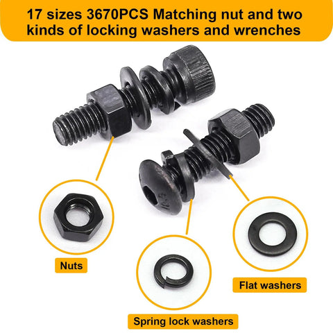 Close-up of 3670 Piece Metric Screw Set with hex socket head screws, nuts, flat and spring lock washers, for DIY and pro use.