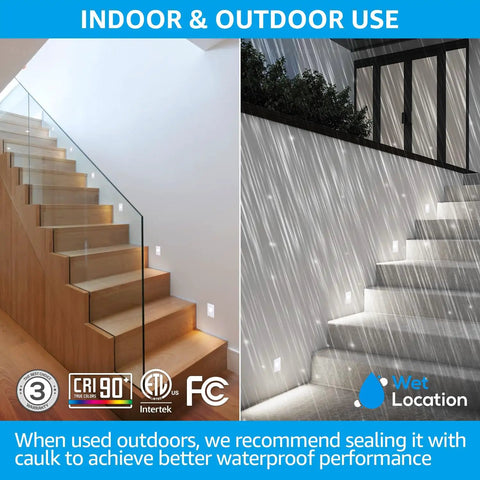 5CCT 120V LED Step Lights, Dimmable 5 Percent To 100 Percent, 3.5W 150LM, Indoor Outdoor Waterproof Vertical Stair Lights, 2700K To 5000K, CRI90 ETL Aluminum White, Pack Of 6 shown on indoor and outdoor stairs