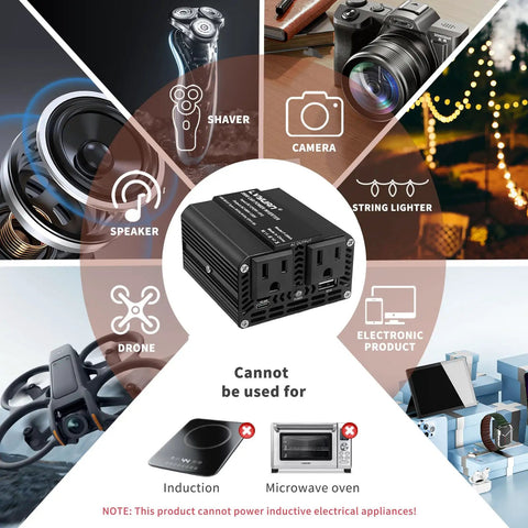 Road Trip Ready 200W Car Power Inverter 12V To 110V AC with icons of devices it powers, including shaver, speaker, camera, and drone.