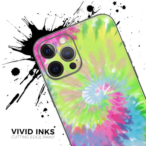 Full Body Skin Decal Wrap Kit for iPhone 11 With Spiral Tie Dye Pattern V7 close-up showing camera area and vivid colors